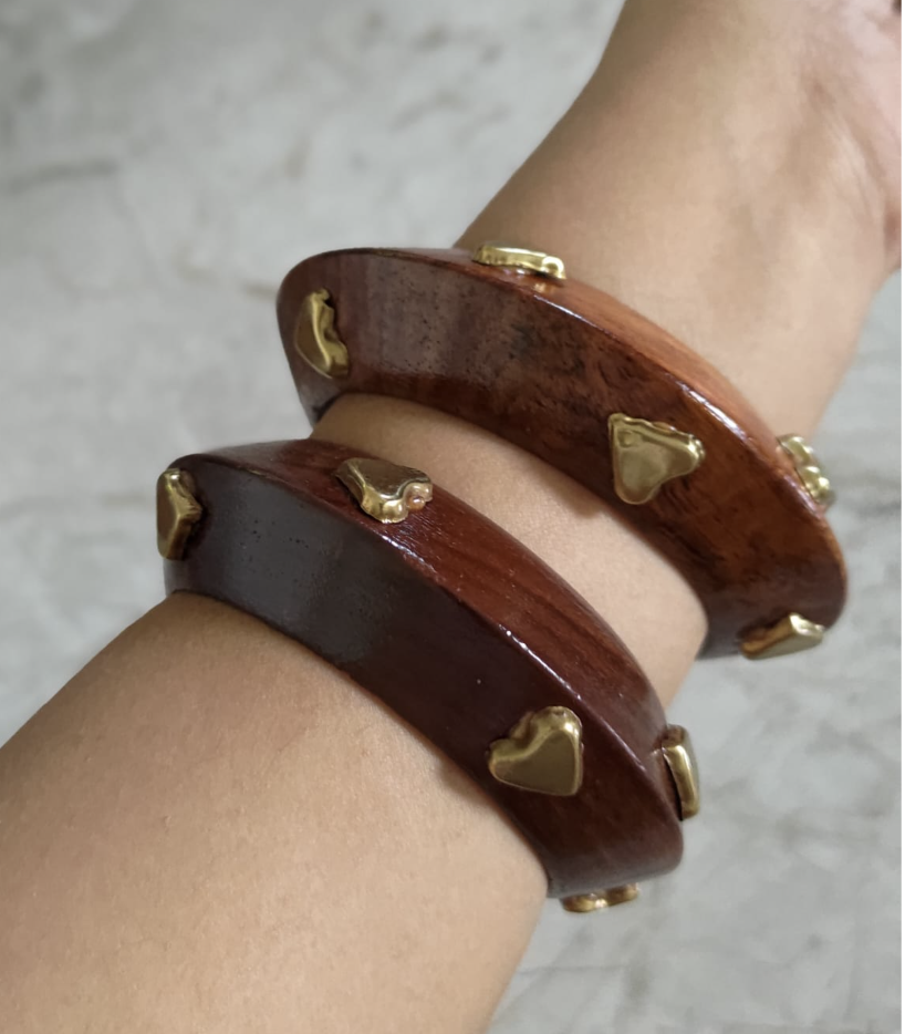 Cascade Heart Studded Wooden Bangle Set